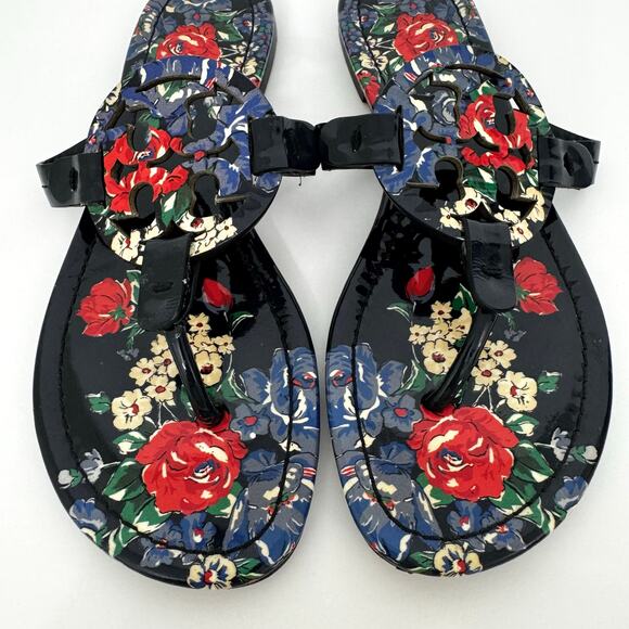 Tory Burch Miller Sandal Slippers Navy Tea Rose Patent Leather Logo 7.5M - Picture 3 of 12